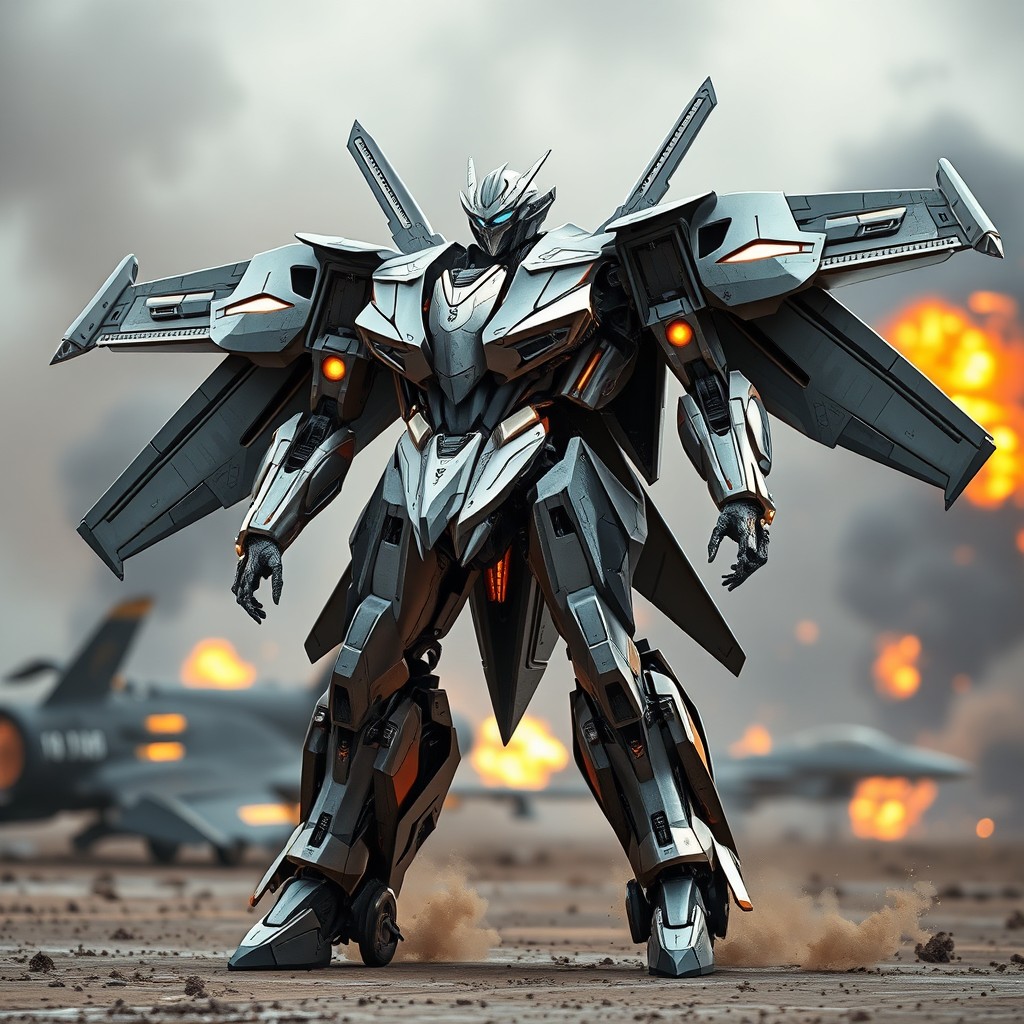 A futuristic F-16 fighter jet transformed into a robot, showcasing sleek metallic surfaces, angular designs, and intricate details