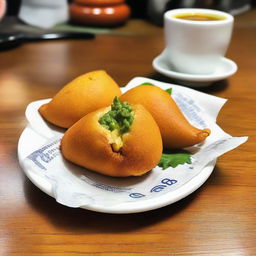 A scrumptious Brazilian coxinha placed on a single ten real bill.