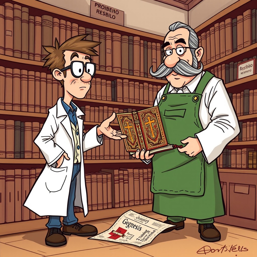 A high-detail cartoon-style illustration featuring an expectant scientist wearing a lab coat and glasses, extending a hand toward a mustachioed librarian dressed in a green apron with a scholarly demeanor