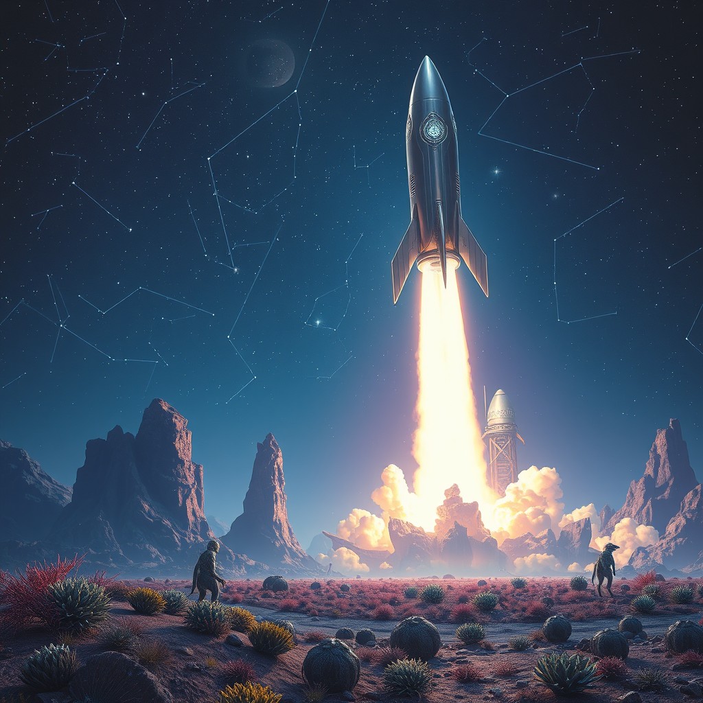 A stunning science fiction scene featuring a futuristic rocket soaring into a starry night sky