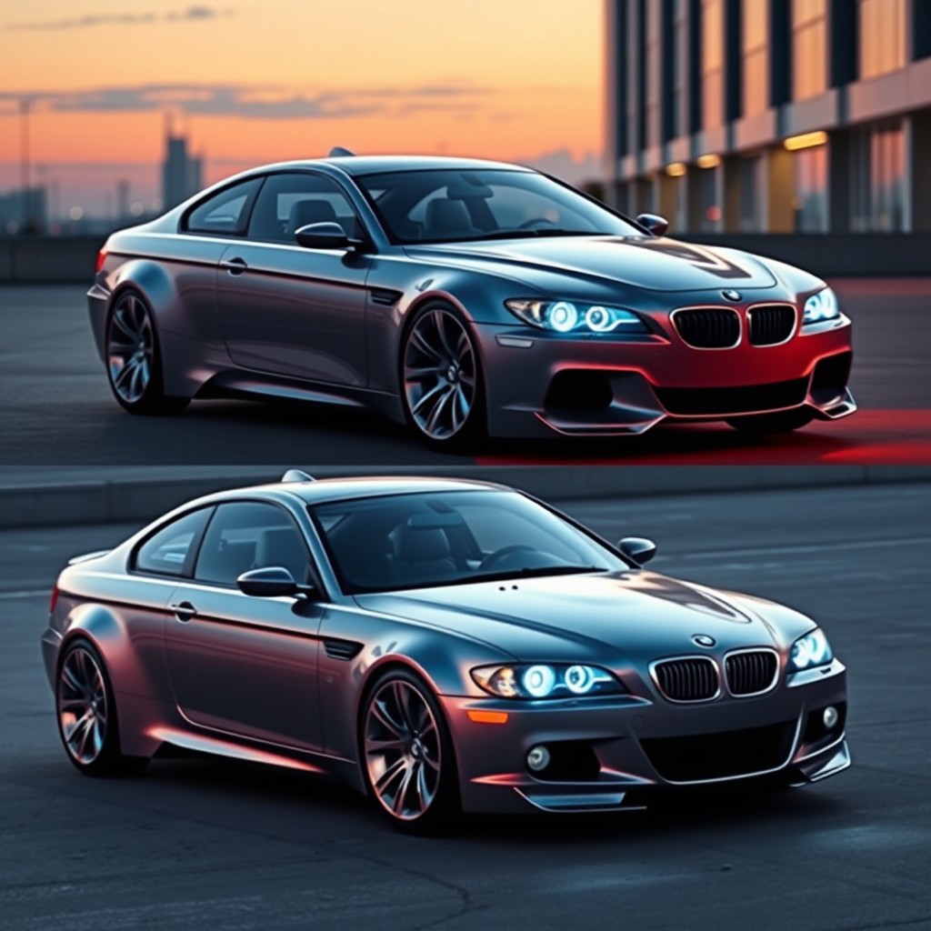 A futuristic modification of a 2004 BMW E46, showcasing sleek and aerodynamic designs with modern technology elements