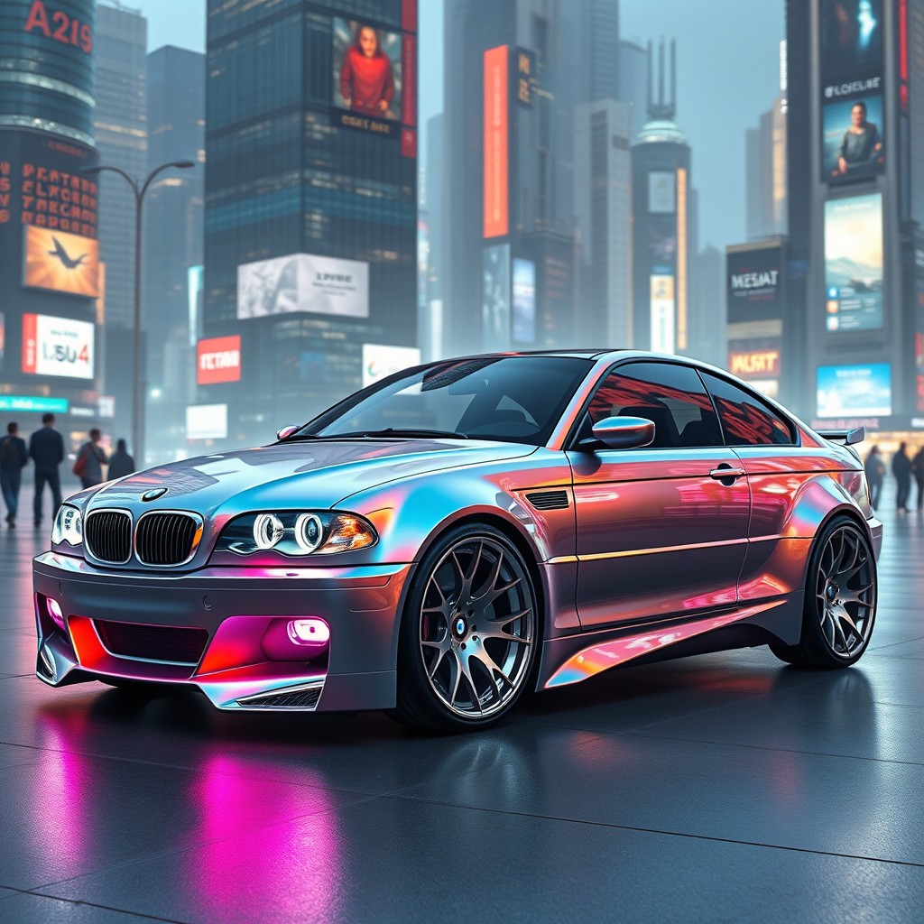 A futuristic concept modification of a BMW E46, featuring a sleek and innovative exterior design
