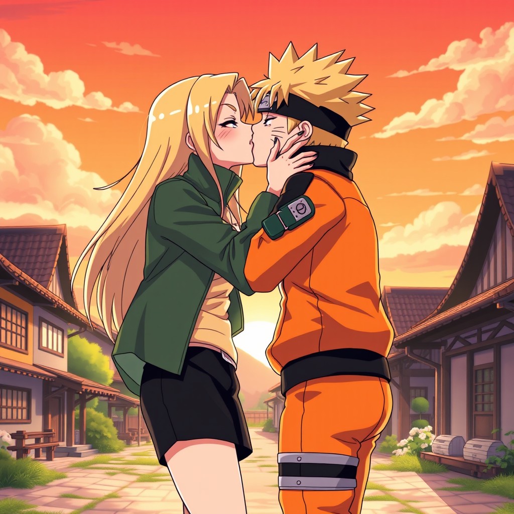 A passionate scene of Tsunade Senju kissing Naruto in a vibrant anime style
