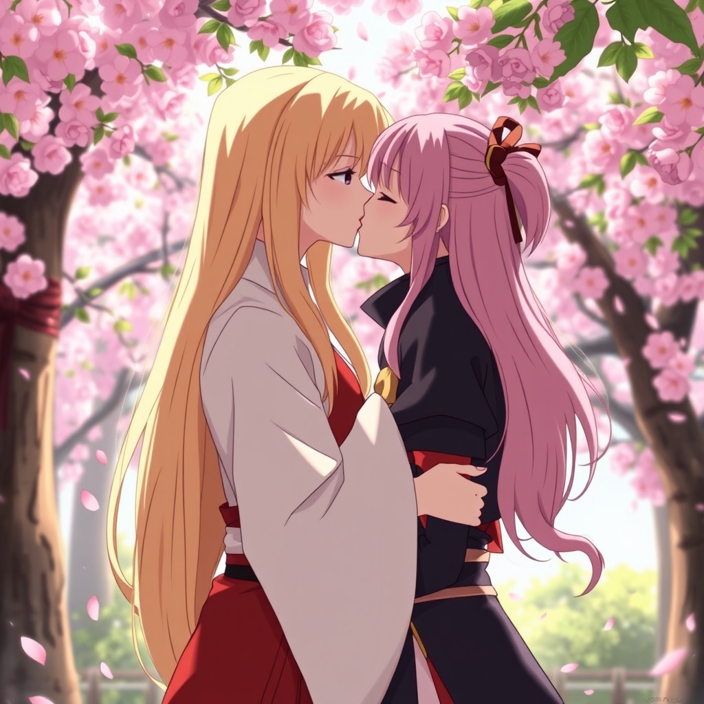A romantic scene depicting Tsunade and Sakura in a tender moment, sharing a soft kiss