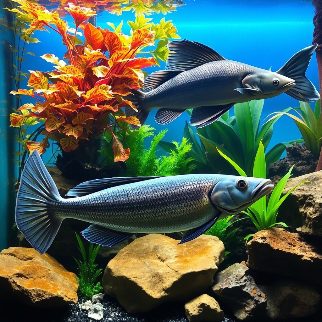 A stunning aquarium scene with a diverse underwater environment, featuring an arapaima swimming gracefully in the foreground, its elongated body glimmering under the tank's light