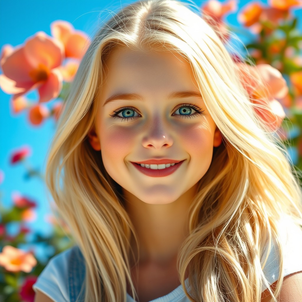 A stunning blonde white girl with captivating blue eyes, portrayed in a bright and cheerful setting