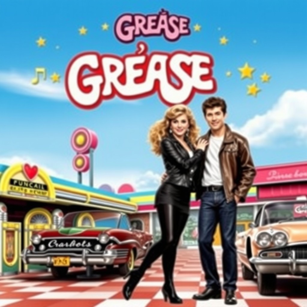 A vibrant and nostalgic movie poster for the musical film 'Grease', featuring classic elements from the 1950s