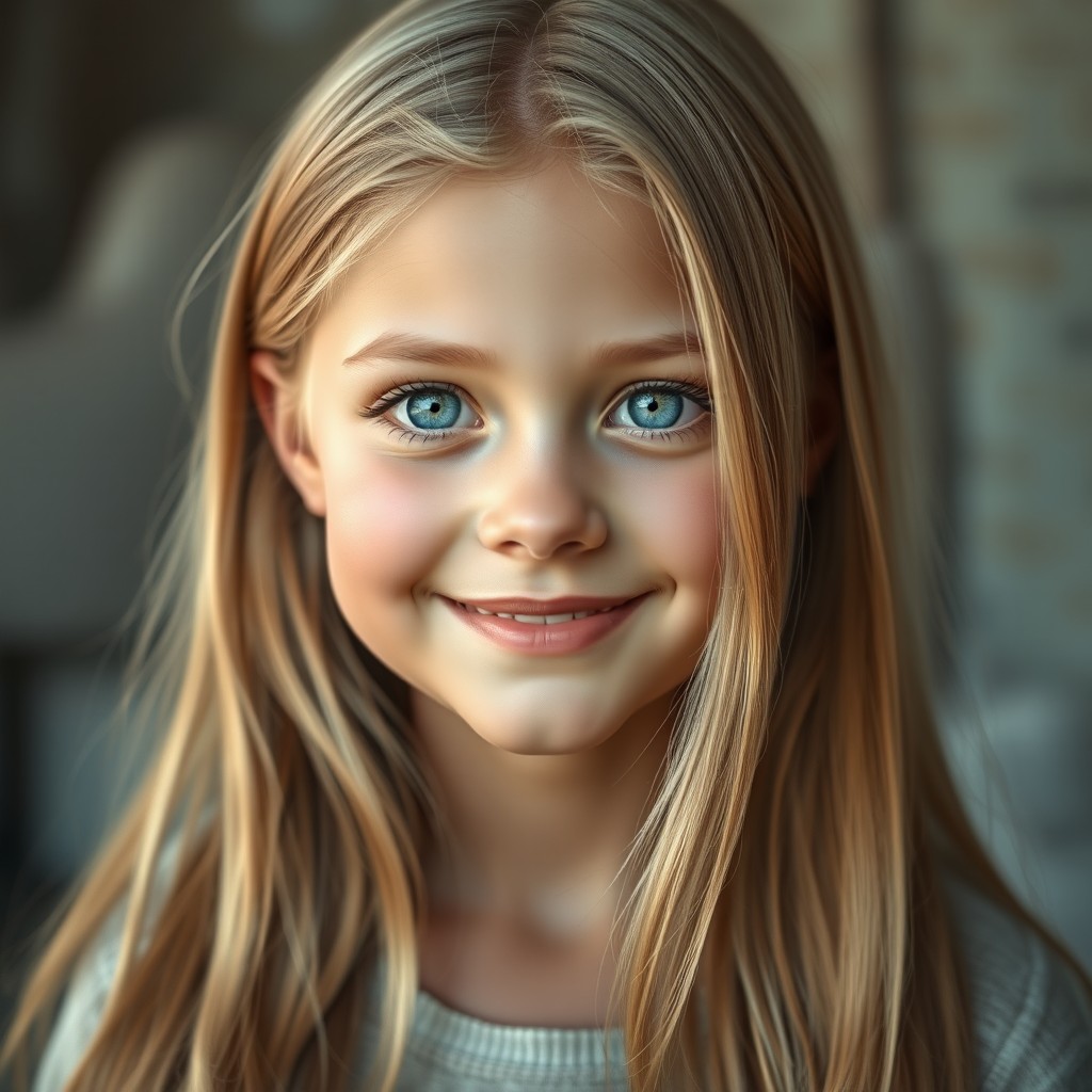 A realistic portrayal of a beautiful blonde white girl with striking blue eyes