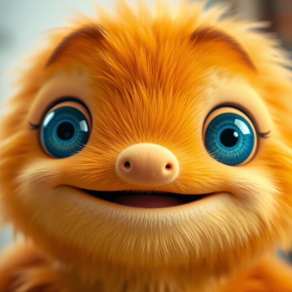 A close-up of a large, chubby orange creature's head, featuring big blue eyes that sparkle with joy