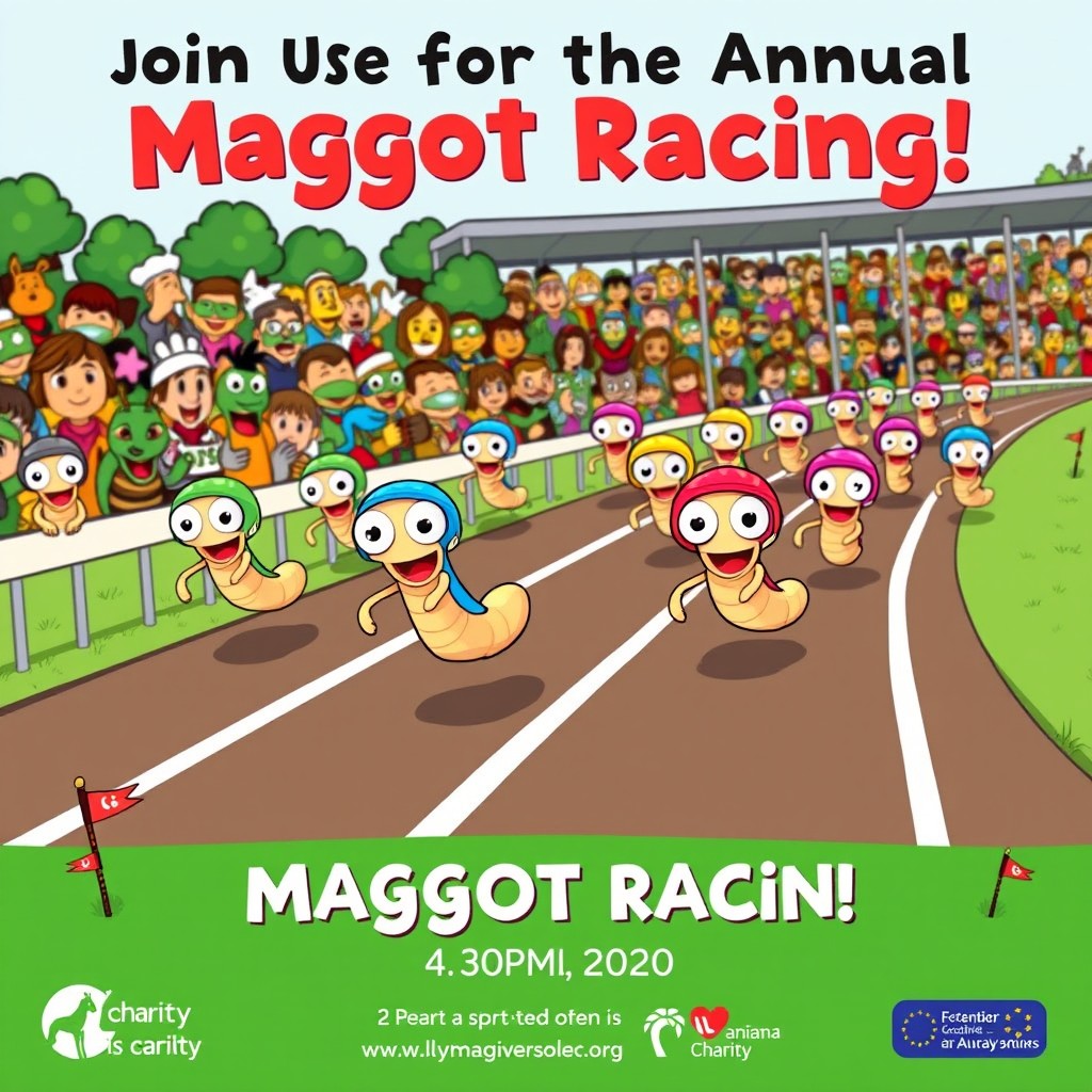 A vibrant and eye-catching poster for a charity 'Maggot Racing' event