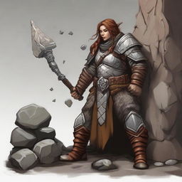 a female dwarven druid in heavy armor conjures a wall made from rocks and wood from the ground using her powers