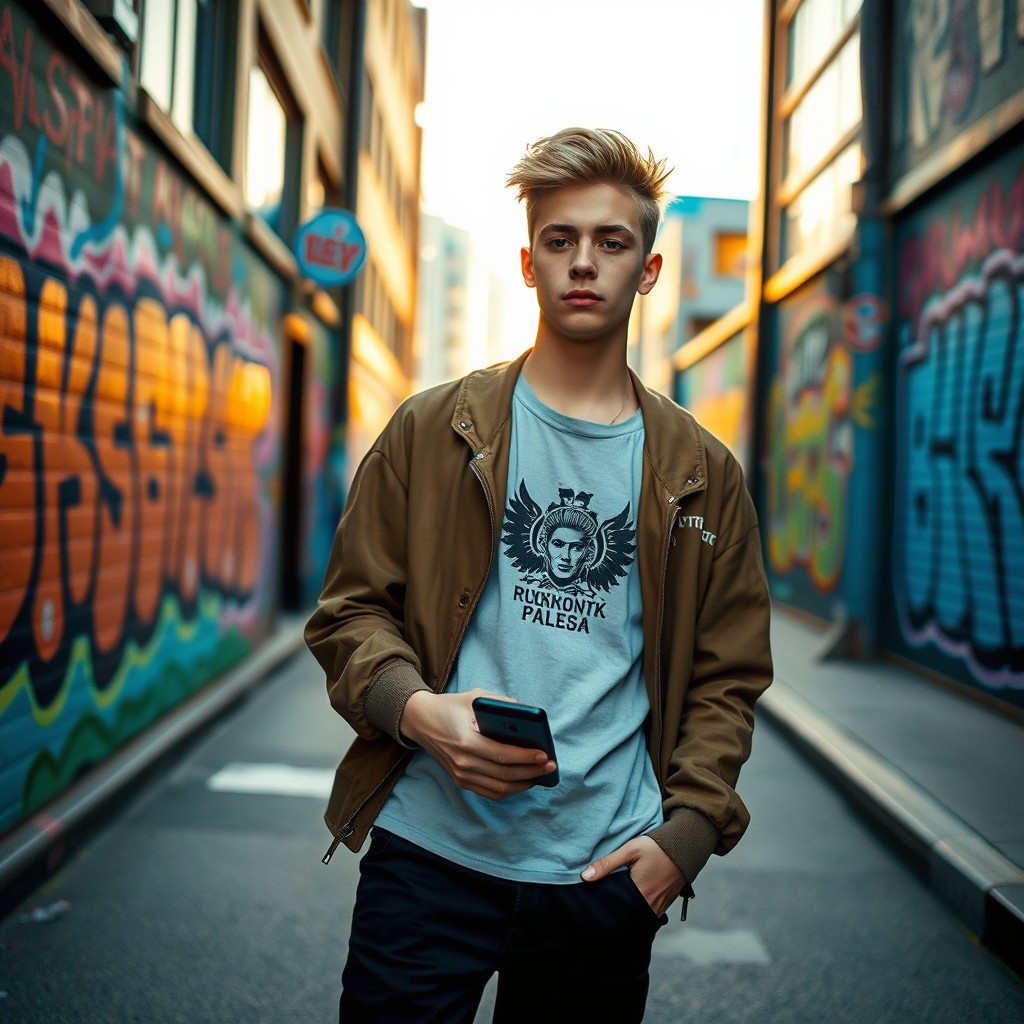 A stylish Russian teen standing in an urban setting, dressed in modern streetwear with a confident pose