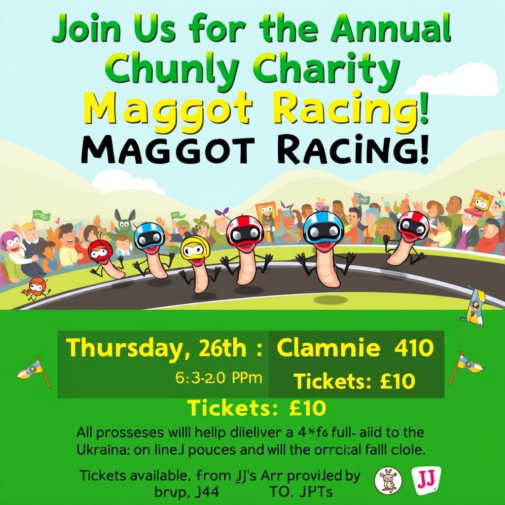 A vibrant and eye-catching poster for a charity 'Maggot Racing' event at Arnside WI