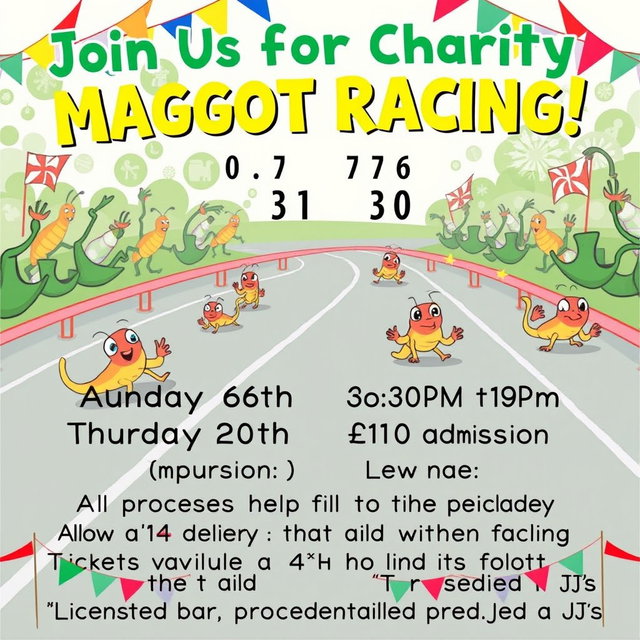 A colorful and engaging poster for a charity event featuring 'Maggot Racing' at Arnside WI