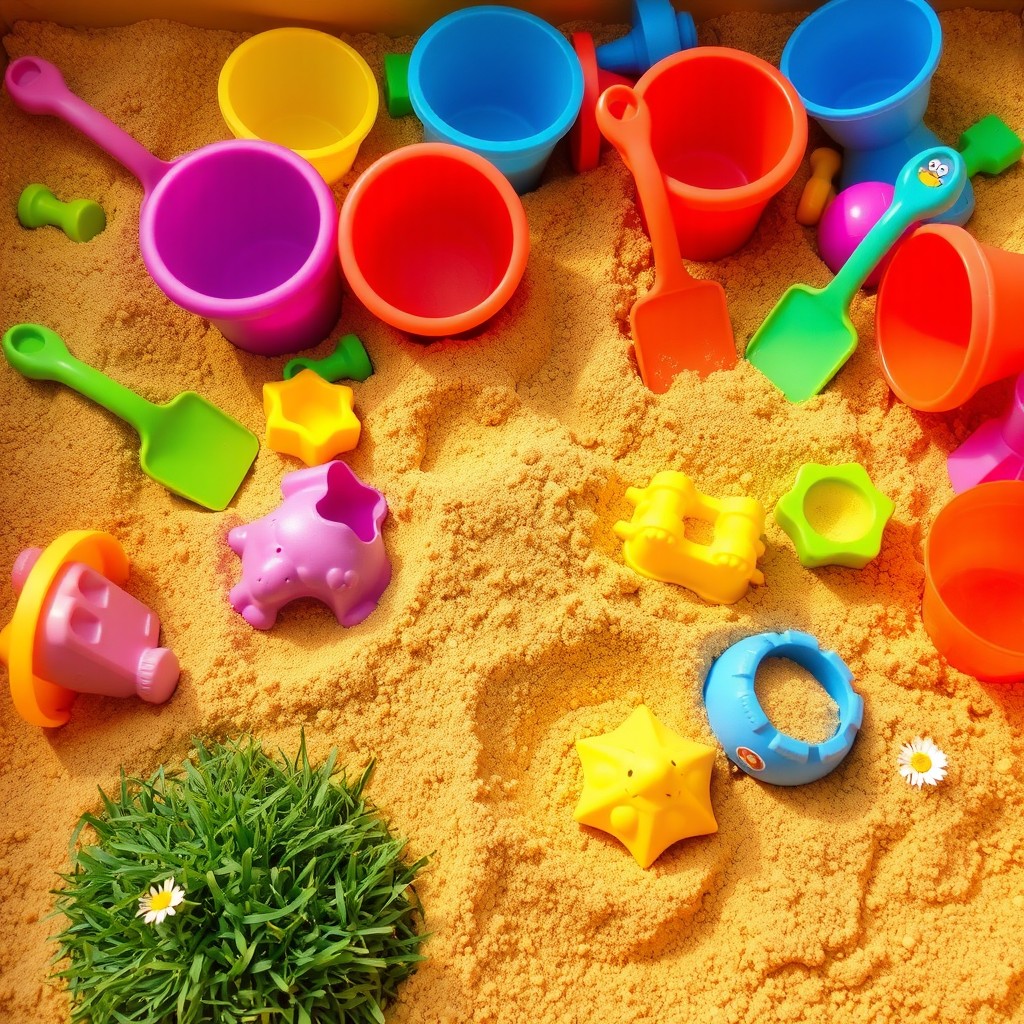 A colorful sandbox filled with a variety of toys