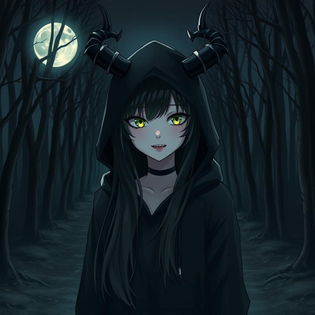 A dark, enchanting black forest under a bright moon illuminating the scene from above