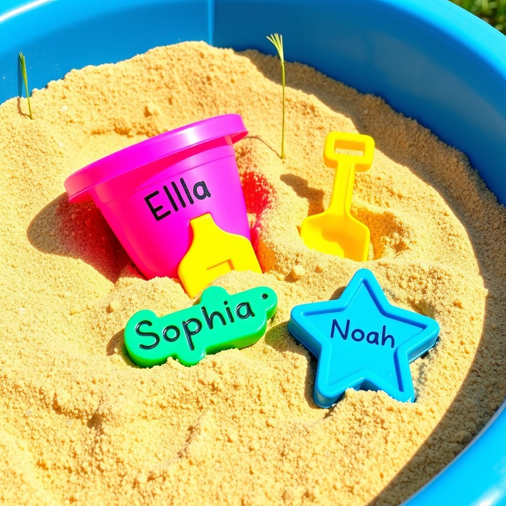 A colorful sandbox containing a few select toys, each representing a different child's name