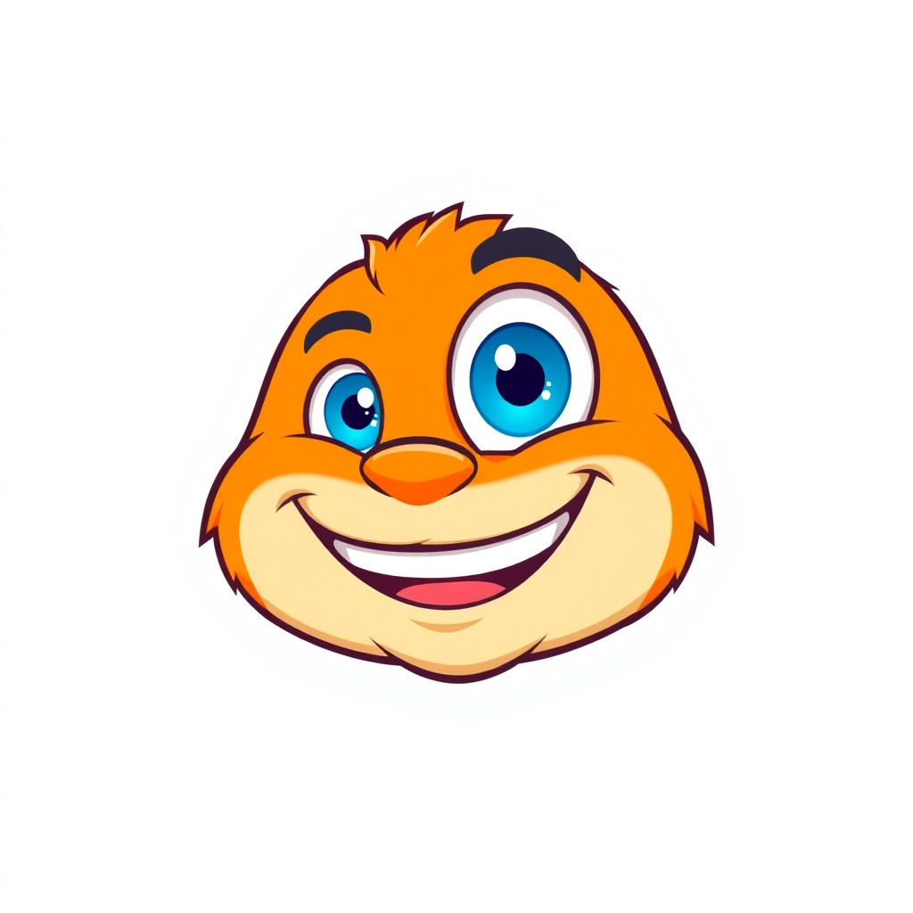 A full headshot of a large, chubby orange creature designed to resemble a mascot, featuring big blue eyes that sparkle with happiness and a wide, cheerful smile