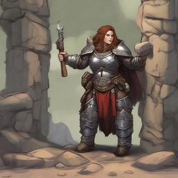 a female dwarven druid in heavy armor conjures a wall made from rocks and wood from the ground using her powers