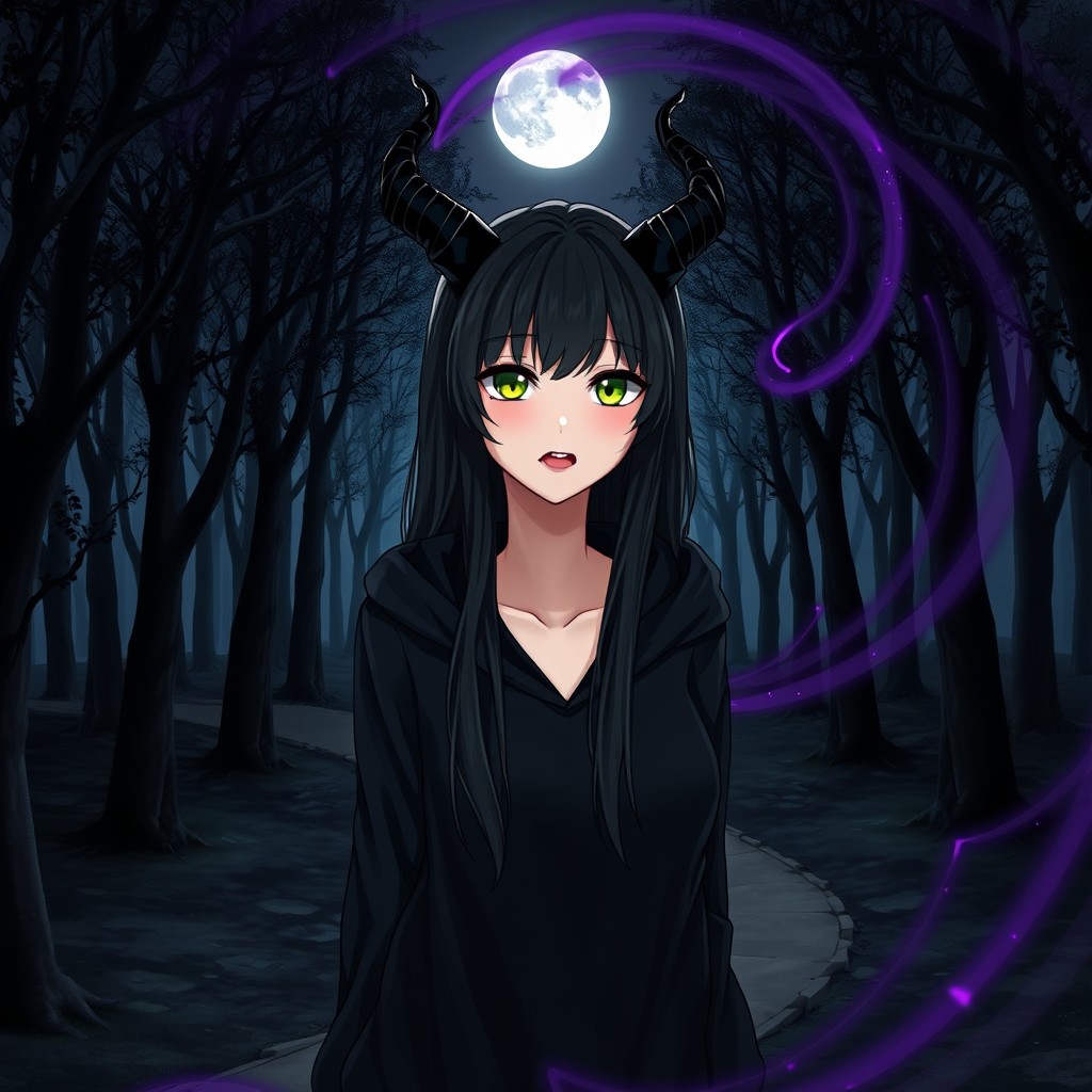 A mystical black magical forest featuring trees with black leaves, illuminated by a bright moon shining from above