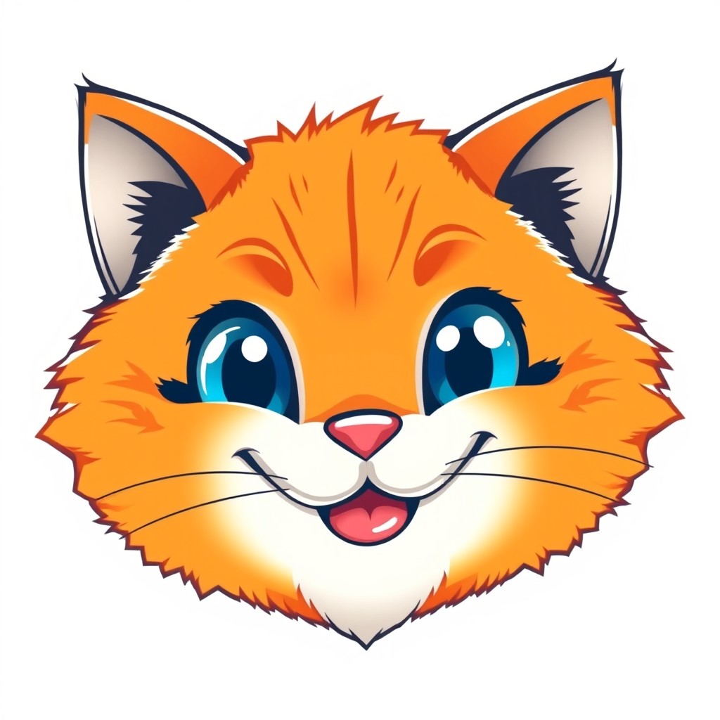 A high-tech resolution close-up of a large, chubby orange cat's head designed as a mascot