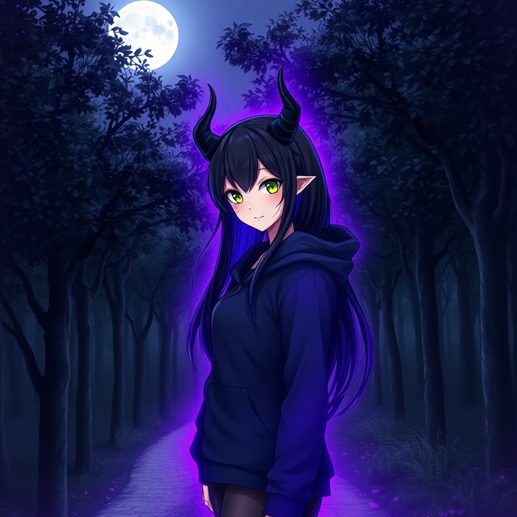 A captivating black magical forest featuring trees with striking black leaves, illuminated by a bright moon casting a soft glow from above