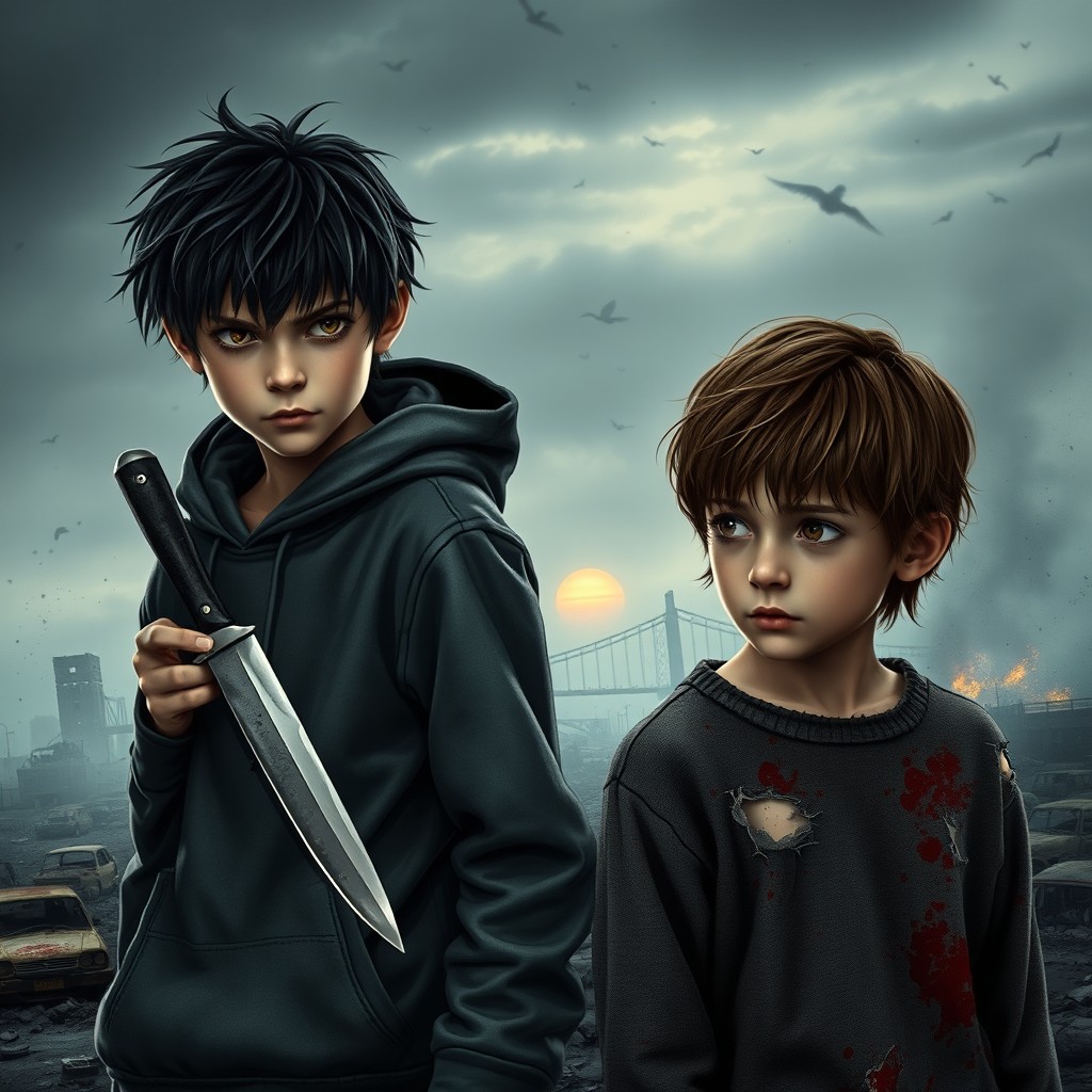 In a dystopian, apocalyptic setting, two boys stand poised in a tense moment