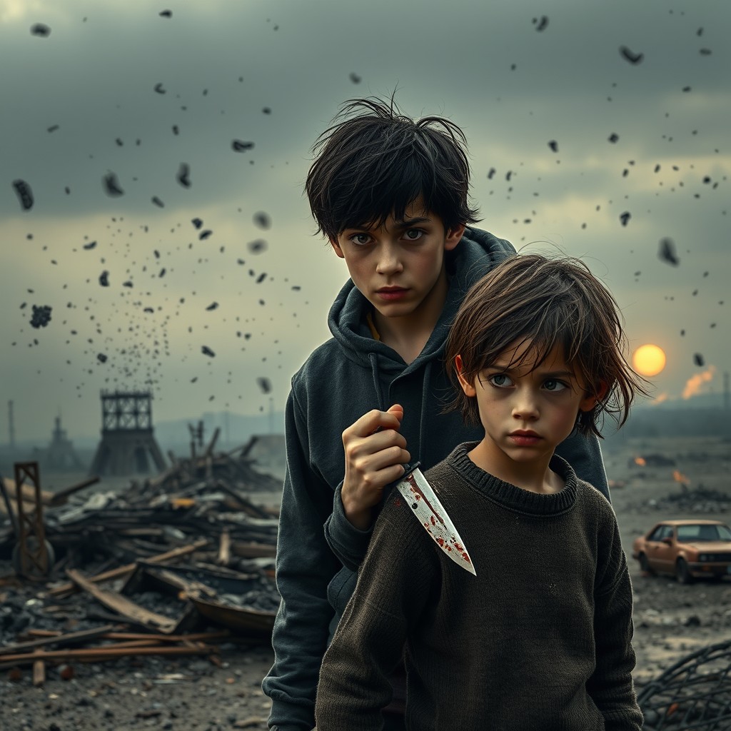 In an apocalyptic landscape, two boys are captured in a moment of tension