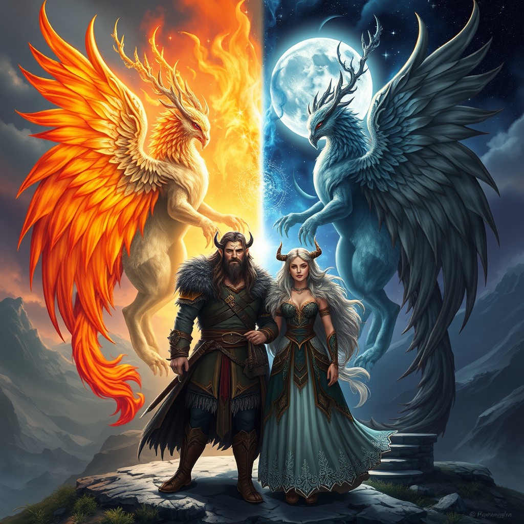 A striking fantasy scene featuring a daytime Fury, embodying the essence of sunlight with warm colors and vibrant details, and a nighttime Fury, showcasing the beauty of the moon with cool tones and intricate designs