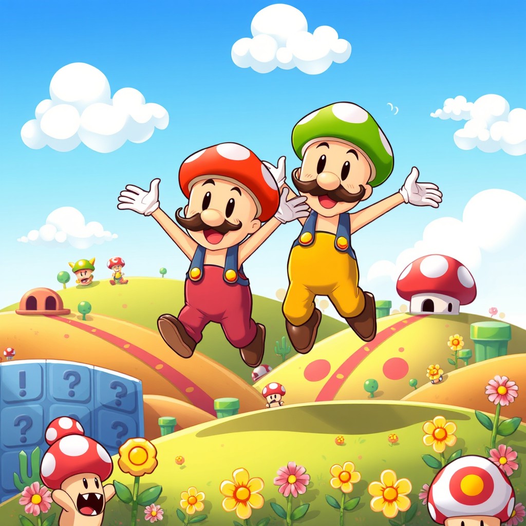 A vibrant and whimsical illustration of two mushroom-capped brothers resembling characters from classic video games, set in a colorful fantasy landscape with rolling hills and iconic elements like question mark blocks, pipes, and Koopa shells