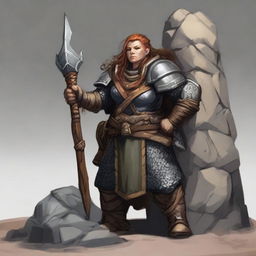 a female dwarven druid in heavy armor conjures a wall made from rocks and wood from the ground using her powers