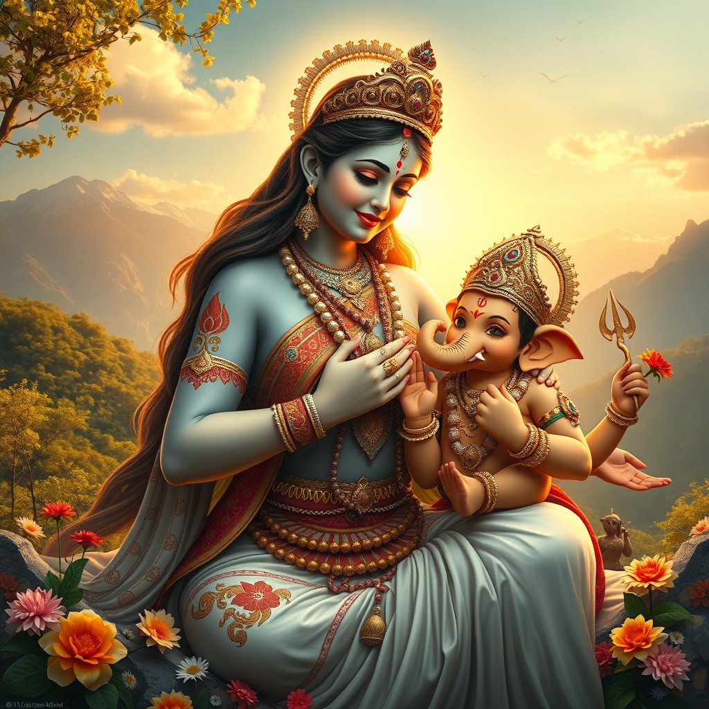 A divine scene depicting Goddess Parvati, radiating warmth and serenity, as she lovingly breastfeeds her two sons, Ganesha and Kartikeya