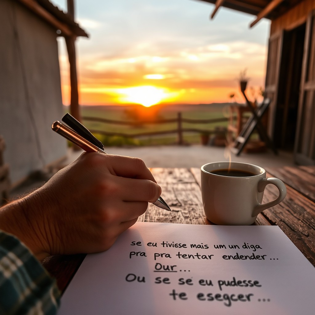 A close-up of a farm worker's hand holding a pen, writing on a sheet of notebook paper placed on a rustic wooden table on the porch of a simple country house