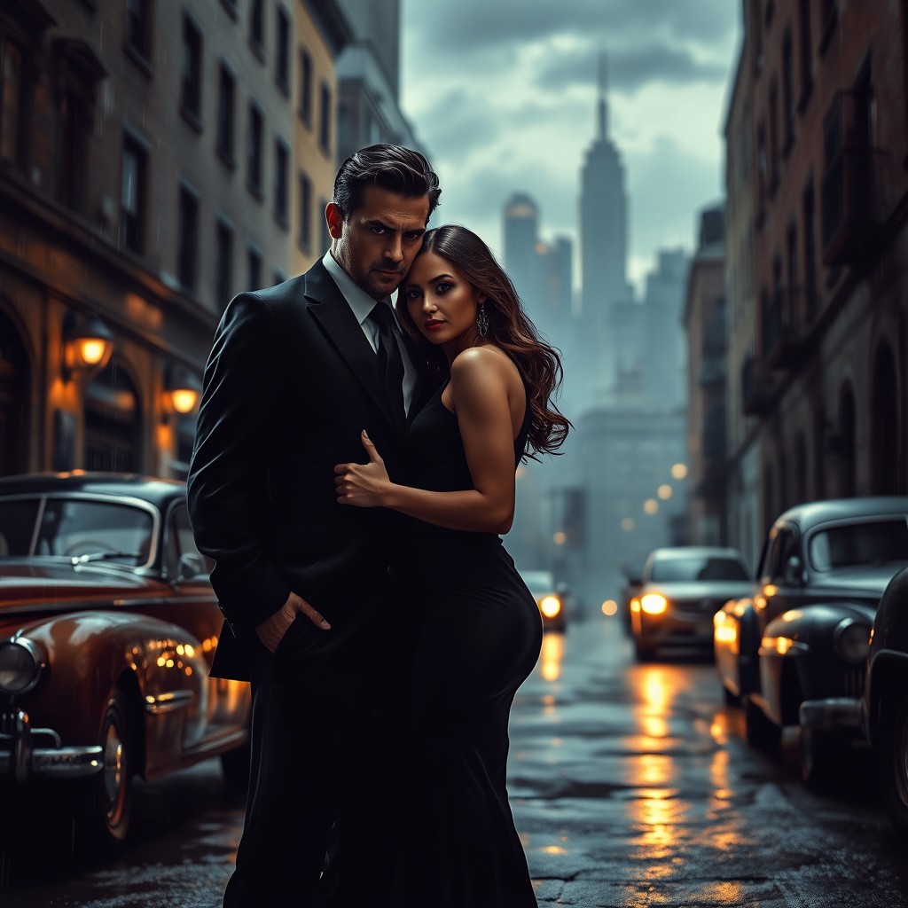A dark and atmospheric scene depicting a forbidden romance between a powerful mafia couple in an urban setting
