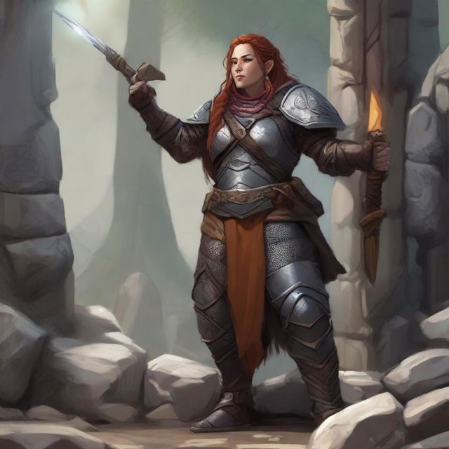 a female dwarven druid in heavy armor conjures a wall made from rocks and wood from the ground using her powers