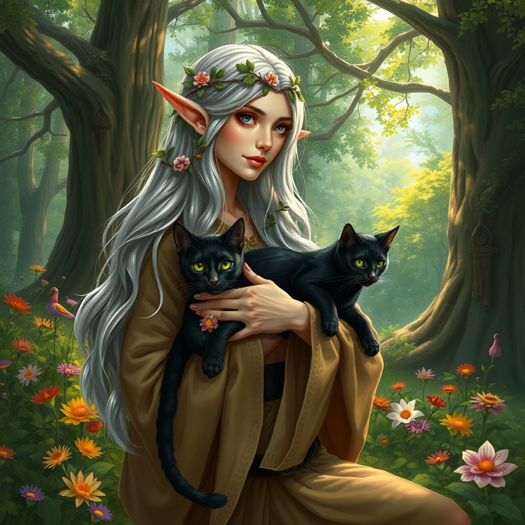 A female elf druid in a lush, enchanted forest, surrounded by vibrant greenery and colorful flowers