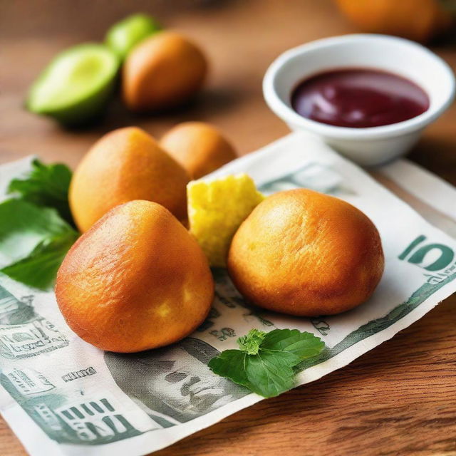 A mouth-watering Brazilian coxinha placed on a single hundred real bill.