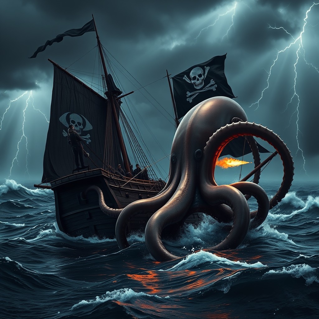 A realistic, dramatic scene depicting a large, weathered pirate ship with torn black sails and a Jolly Roger flag, engulfing a giant squid in stormy ocean waters