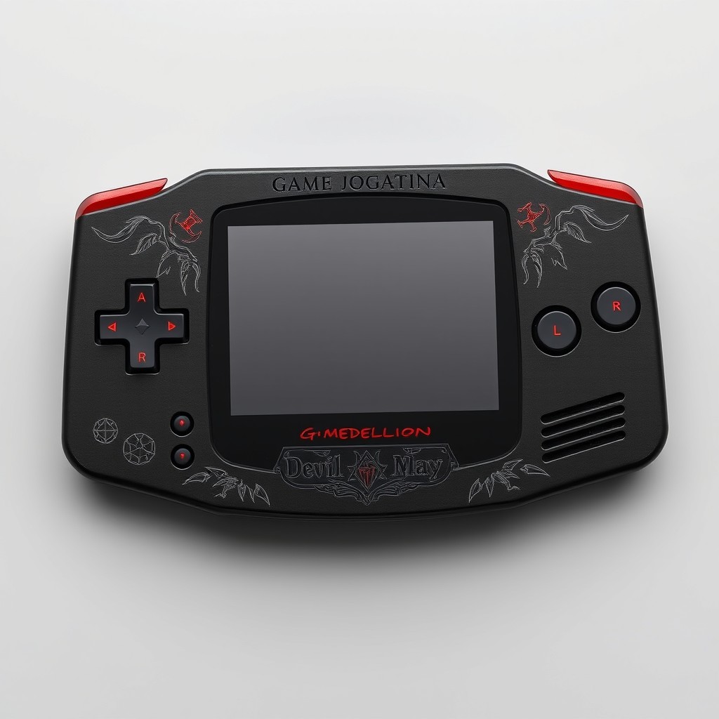 A custom handheld game console shell inspired by the first generation Game Boy Advance, featuring a dark gothic action theme based on 'Devil May Cry'