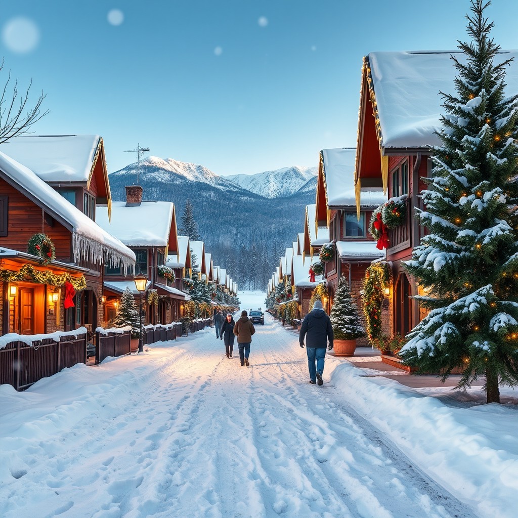 A picturesque winter street scene, featuring charming houses adorned with snow-covered rooftops and vibrant holiday decorations