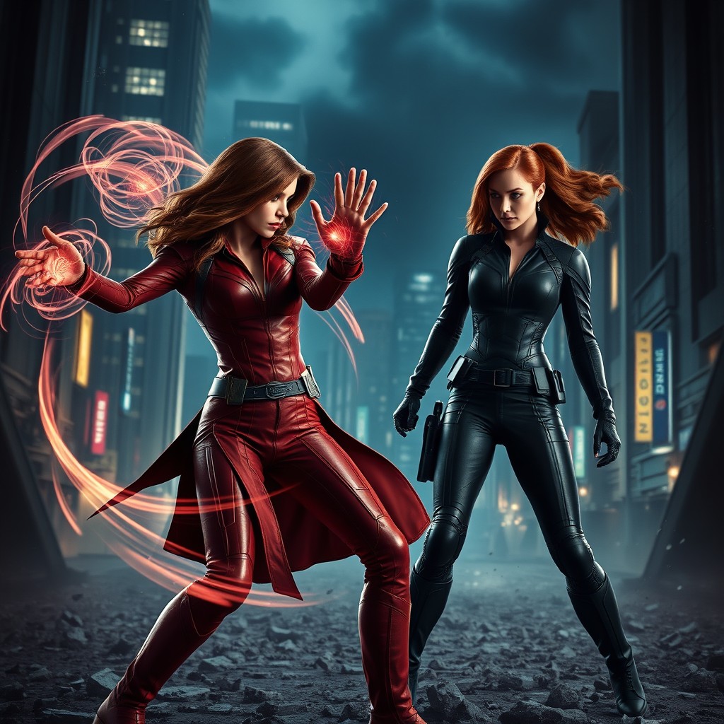 A dramatic confrontation scene featuring Scarlet Witch and Black Widow in a high-stakes battle