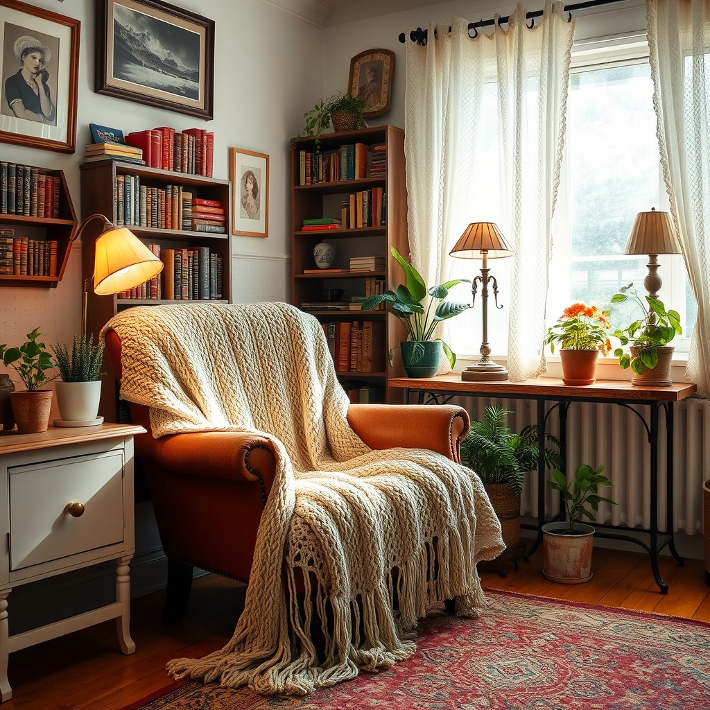 A cozy vintage interior scene featuring a comfortable armchair with a soft knitted blanket draped over it, surrounded by idyllic vintage decorations such as retro bookshelves filled with colorful books, antique lamps casting a warm glow, and potted plants adding a touch of greenery