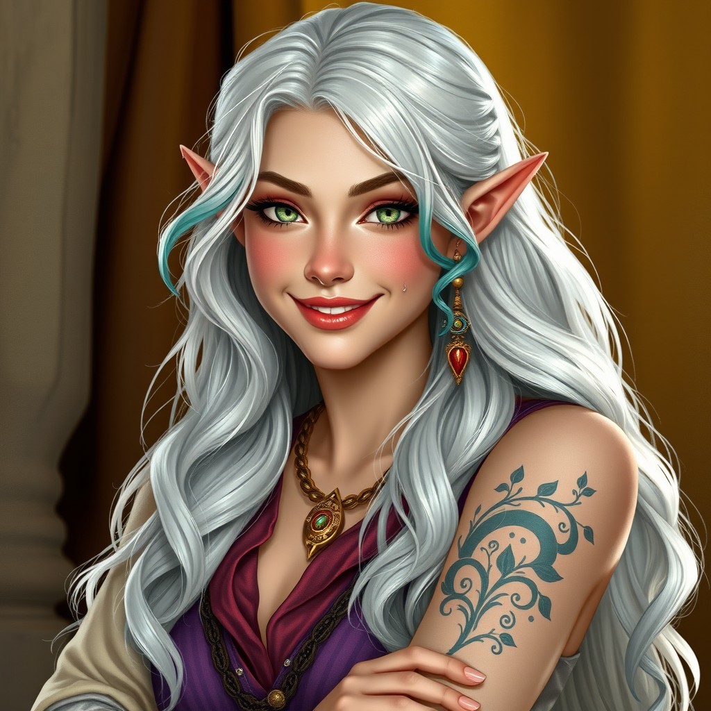 A half-elf woman bard with small pointed ears and long, wavy white hair accented with streaks of teal and blue at the ends