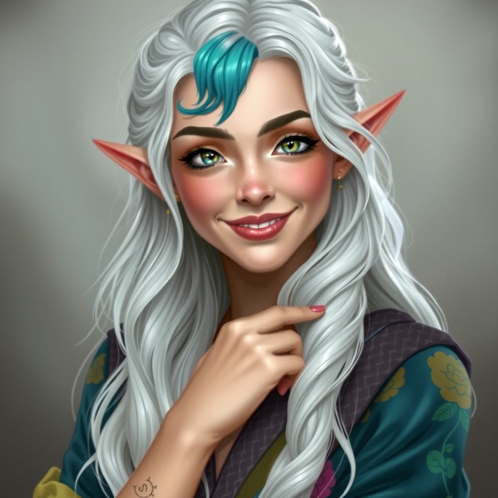 A half-elf bard woman in her early twenties with small pointed ears and long, wavy white hair featuring streaks of teal and blue at the ends