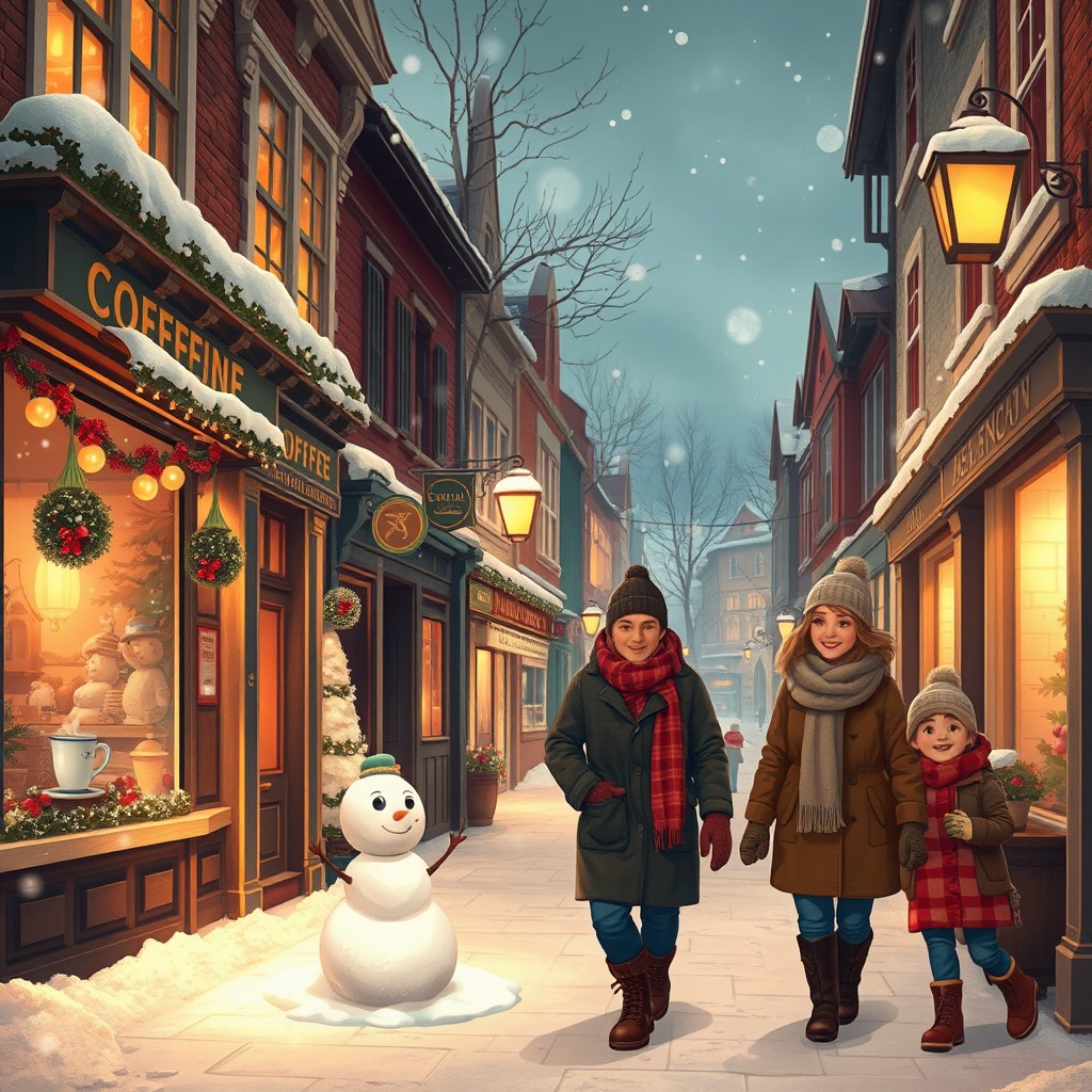 A cozy, vintage winter street scene bustling with soft, glowing streetlights and snow gently falling from the sky