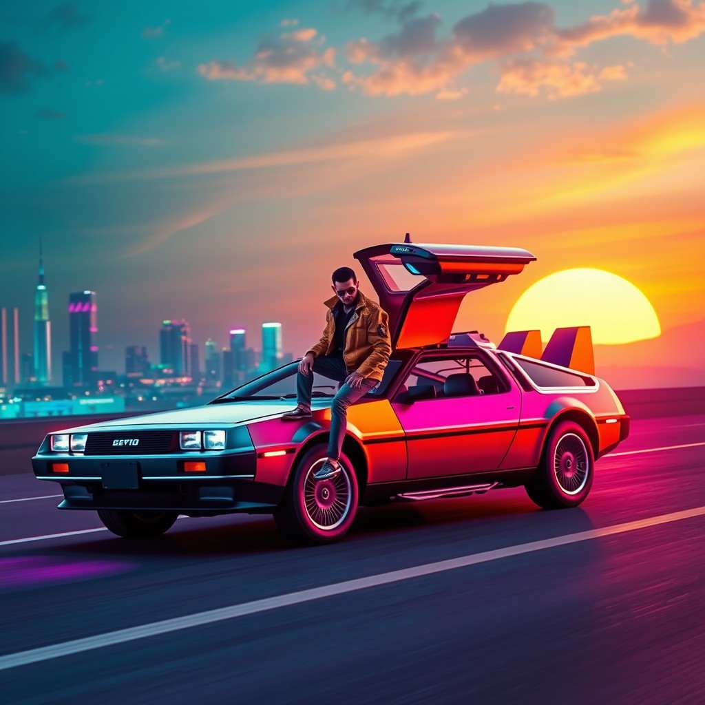 A DeLorean car parked on a futuristic speedway, with a stylish driver stepping out