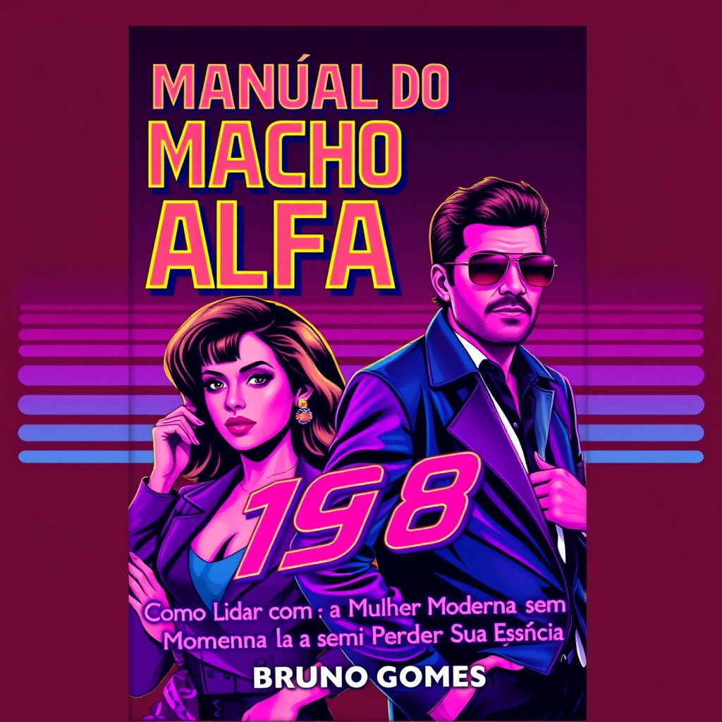 A book cover design for 'MANUAL DO MACHO ALFA 1980' by Bruno Gomes, featuring bold retro font for the title in vibrant synthwave colors typical of the 1980s