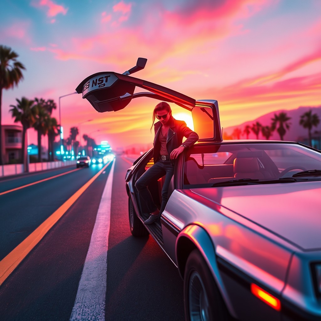 A vivid close-up of a DeLorean car with its iconic gullwing doors opening, revealing a stylish driver stepping out onto a vibrant motorway