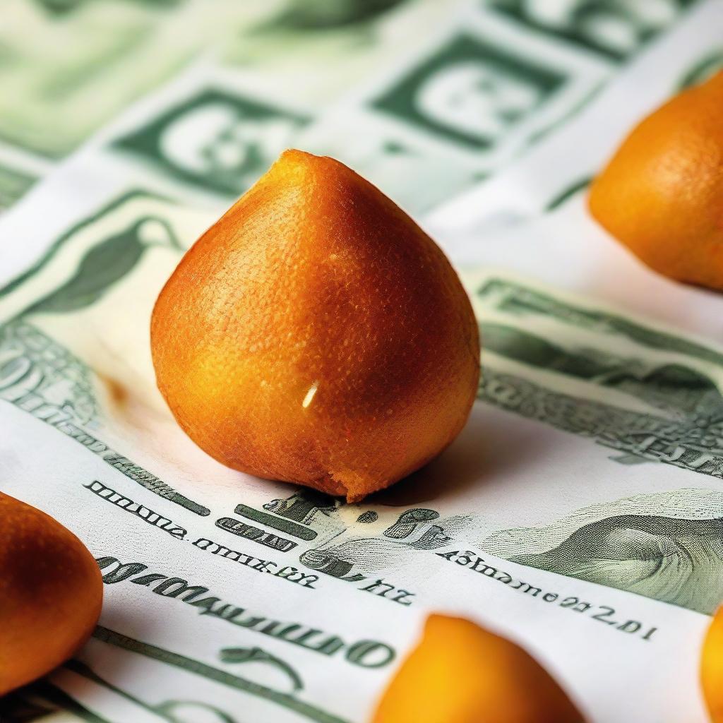 A mouth-watering Brazilian coxinha placed on a single hundred real bill.