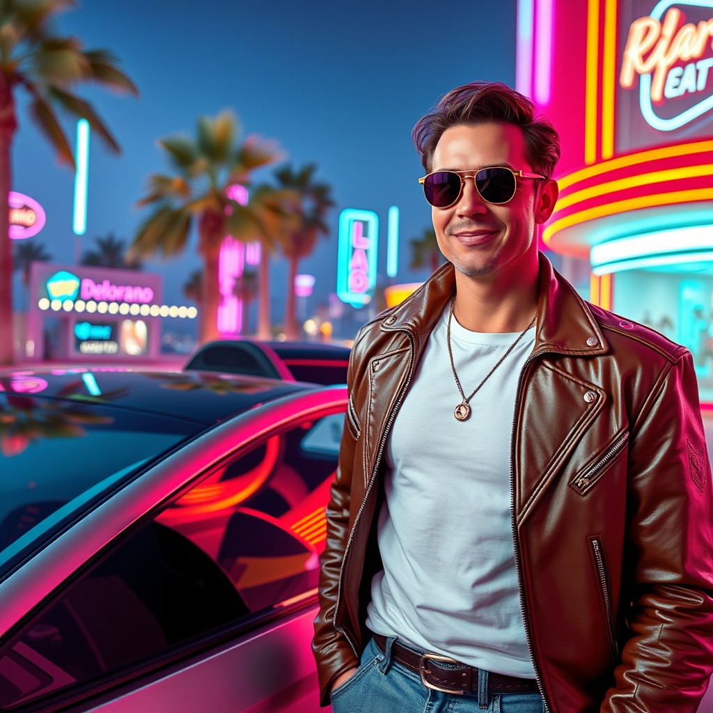 A close-up of Delorano's car, showcasing its sleek design and futuristic features, parked in a vibrant retrowave future world
